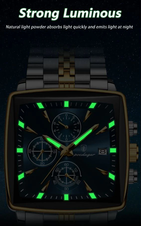 POEDAGAR 866 Luxury Square Chronograph Men’s Watch - Image 3